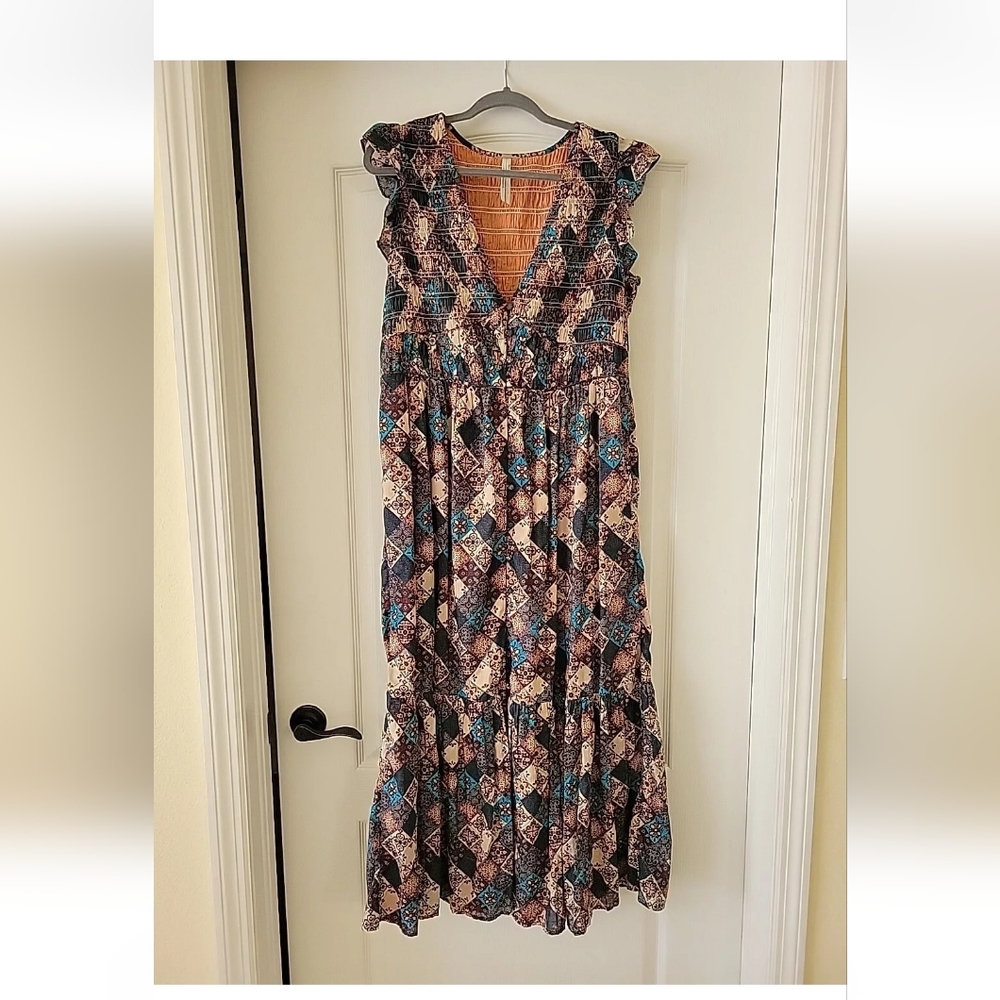 Anthropologie Perigrine Midi Dress patchwork tile pattern MEDIUM Like New
